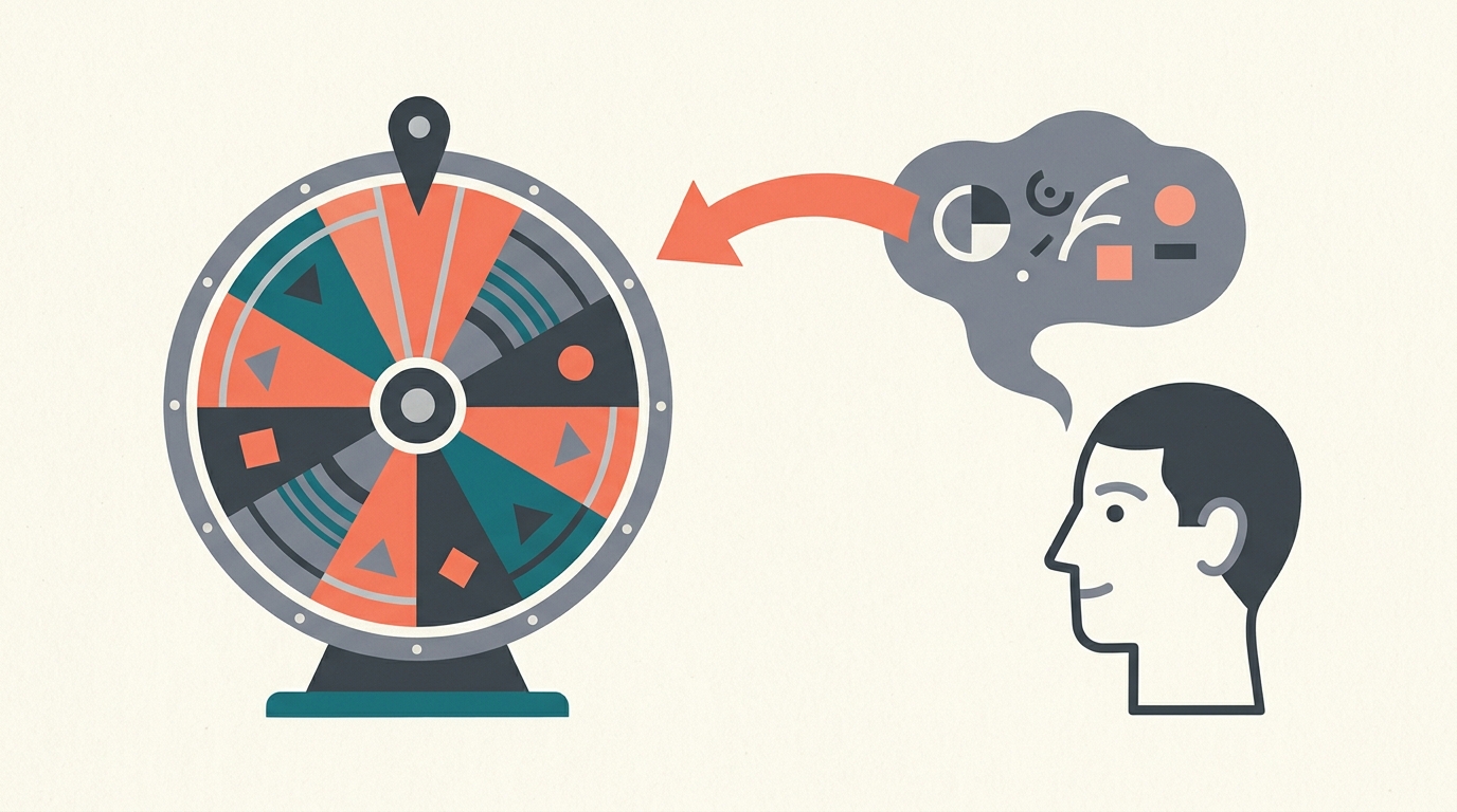 A spinning wheel of fortune pulling a person's thought bubble toward it.