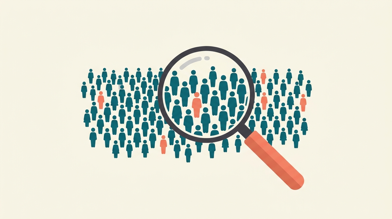 A magnifier over a large crowd where only a few figures are coral, the rest teal.