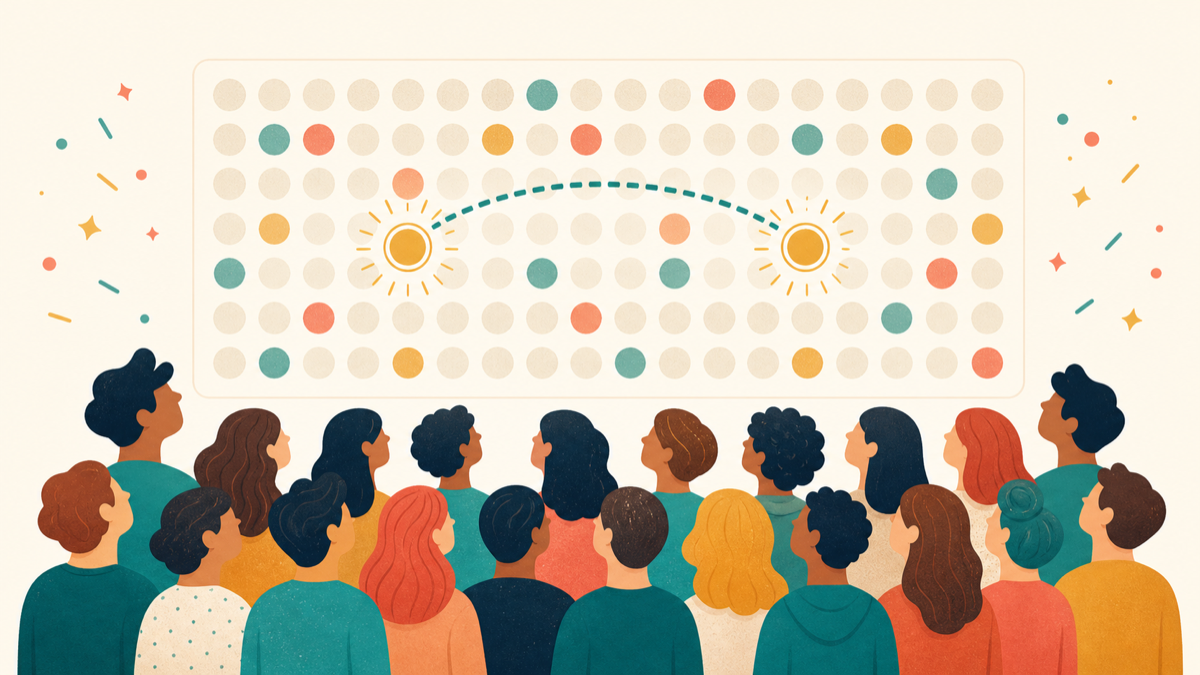 A crowd looks at a calendar-like grid with two highlighted matching birthdays.