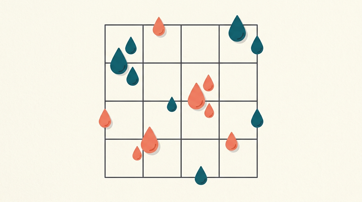 A grid of tiles with randomly scattered raindrops — some tiles empty, others clustered with several.