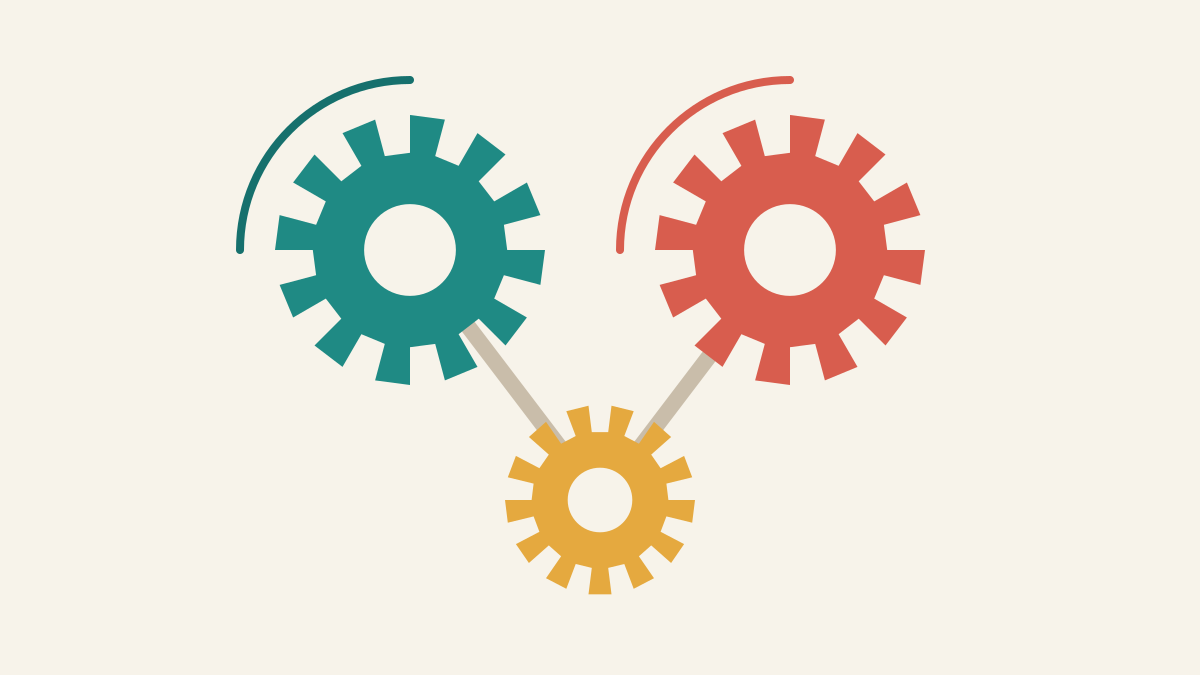 Two gears that never touch, both turned by a third gear below them through belts.