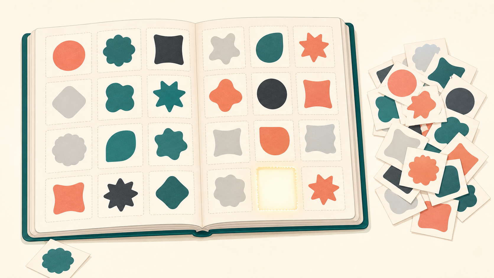 An almost-complete grid of collectible slots with a single empty slot and a pile of duplicates.