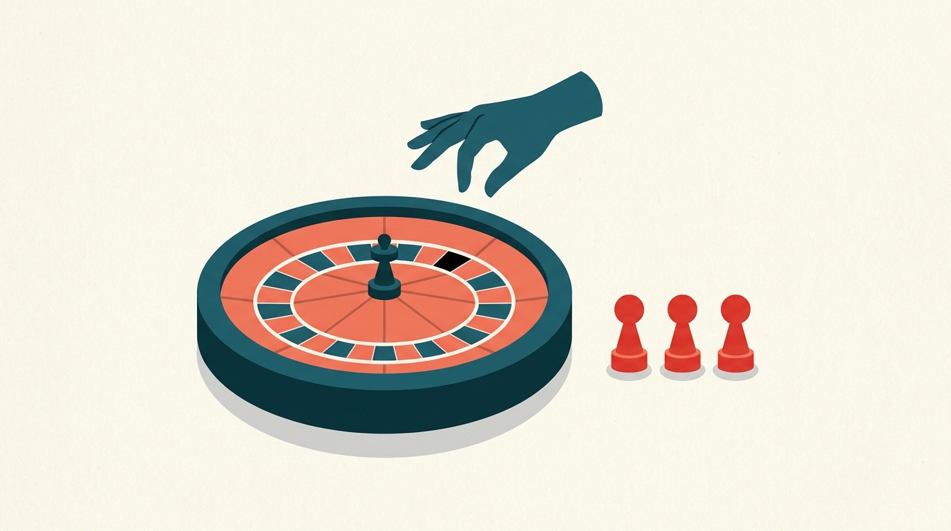 A roulette wheel and a row of red results, with a hand reaching toward black.