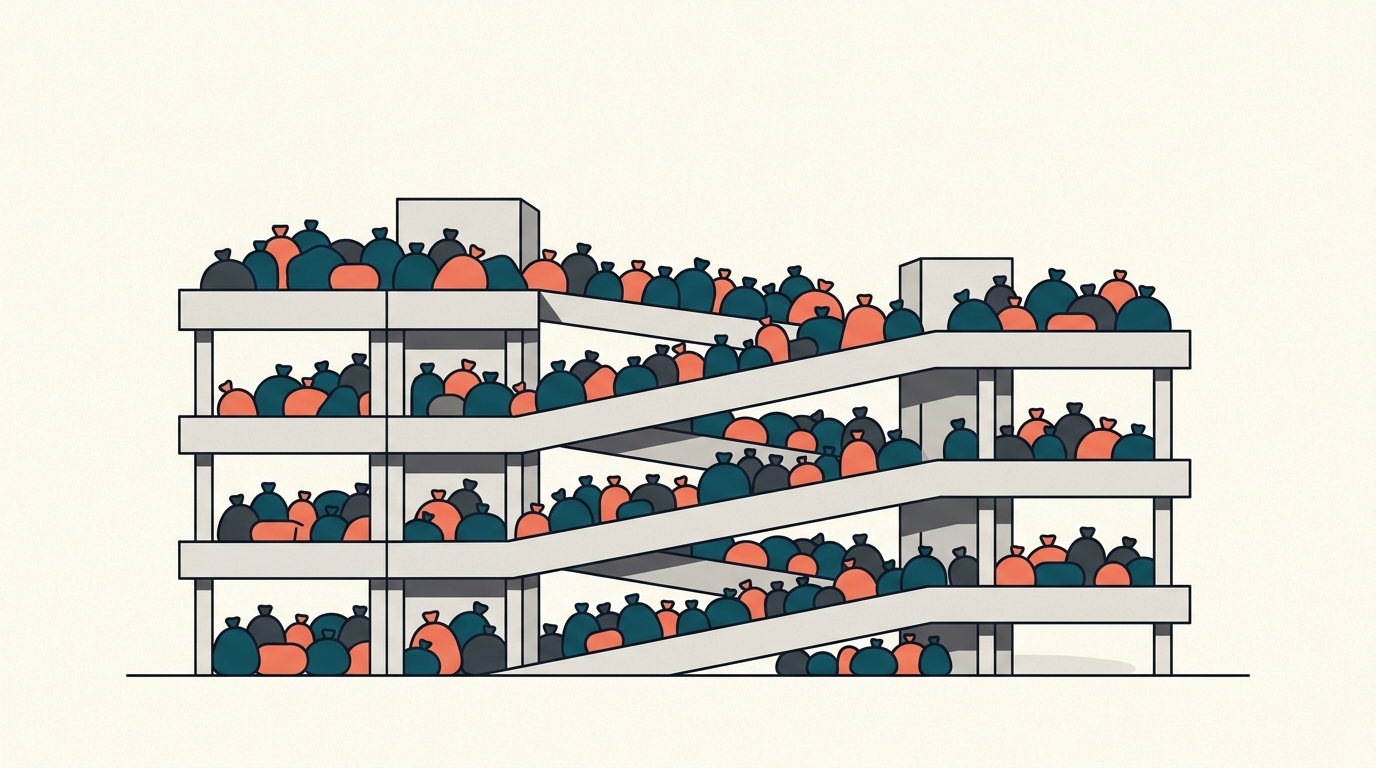 A multi-level parking garage with its decks packed full of garbage bags instead of cars.