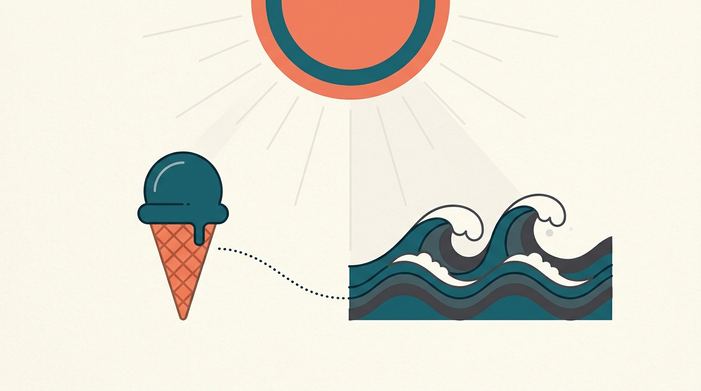 Un cono de helado y olas del mar vinculados por una línea punteada, con un sol arriba conectado a ambos.