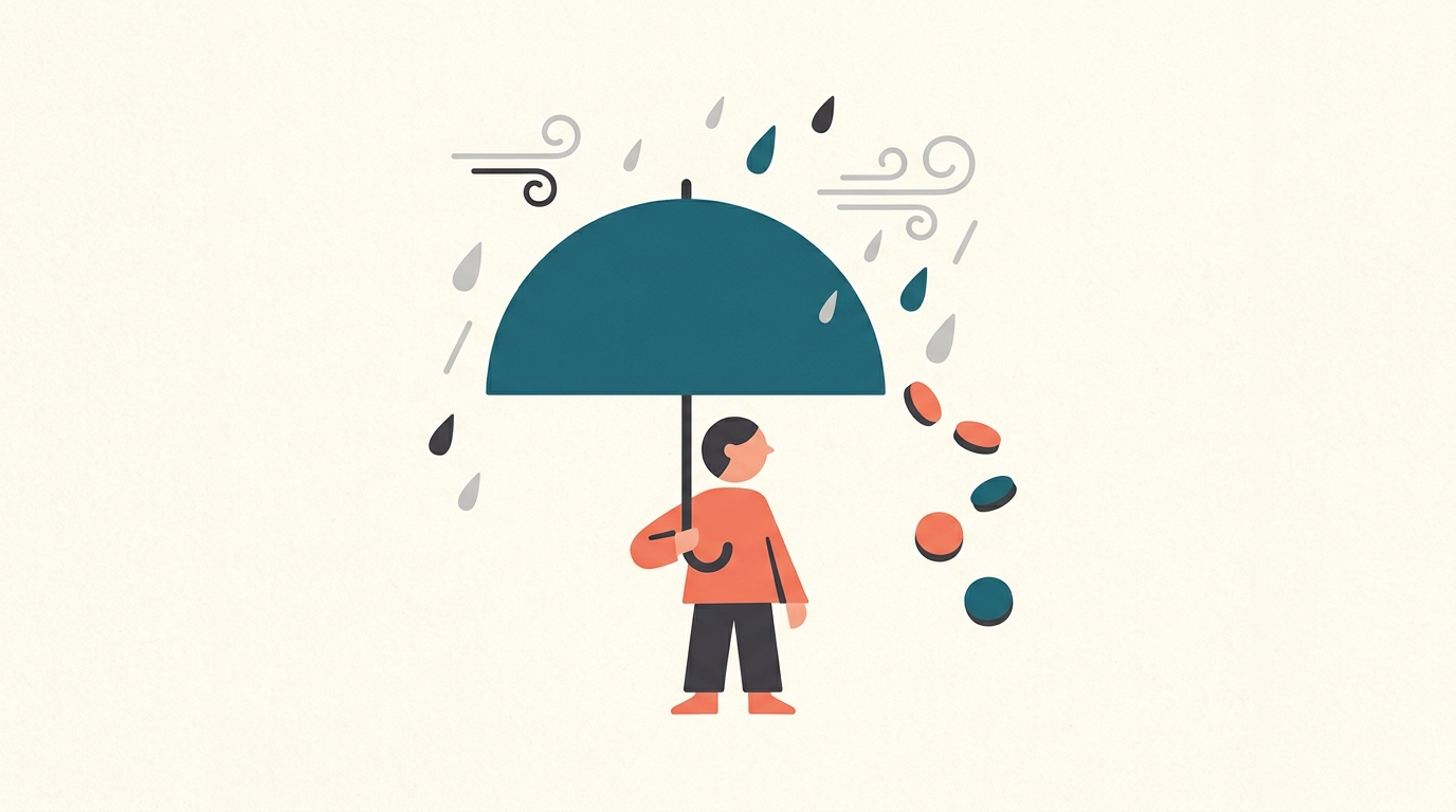 A small figure safe under a big umbrella in a storm, with a few coins drifting away.