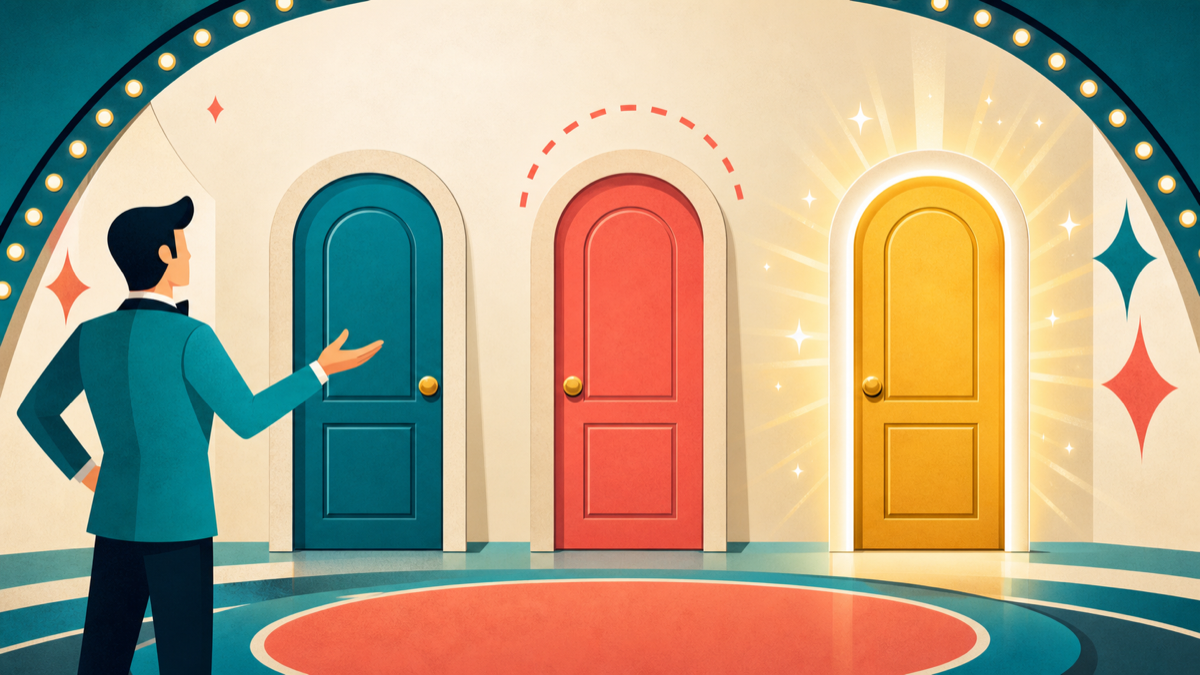 A game-show host gestures toward three doors, with one unchosen door glowing.
