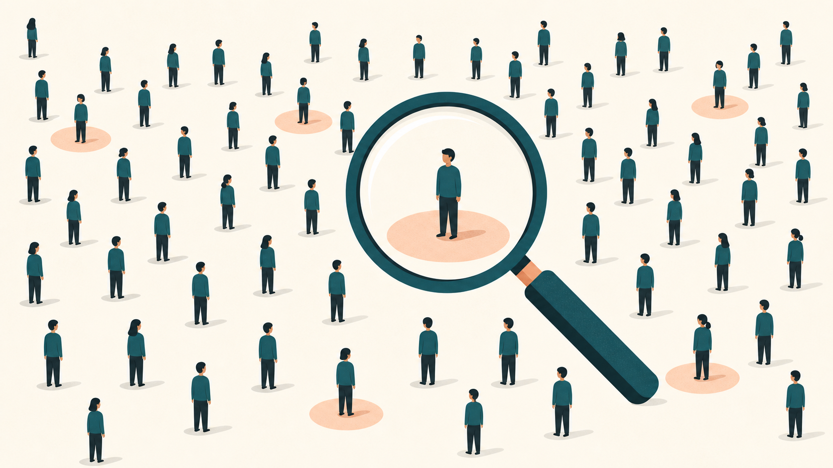 A magnifier over one figure in a crowd, with a few other matching figures faintly marked.