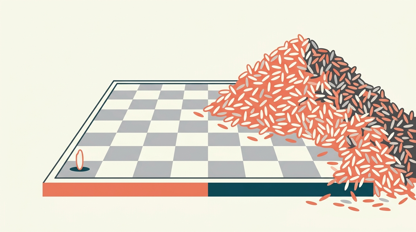 A chessboard with one grain on the first square and a giant mountain of rice spilling off the far corner.
