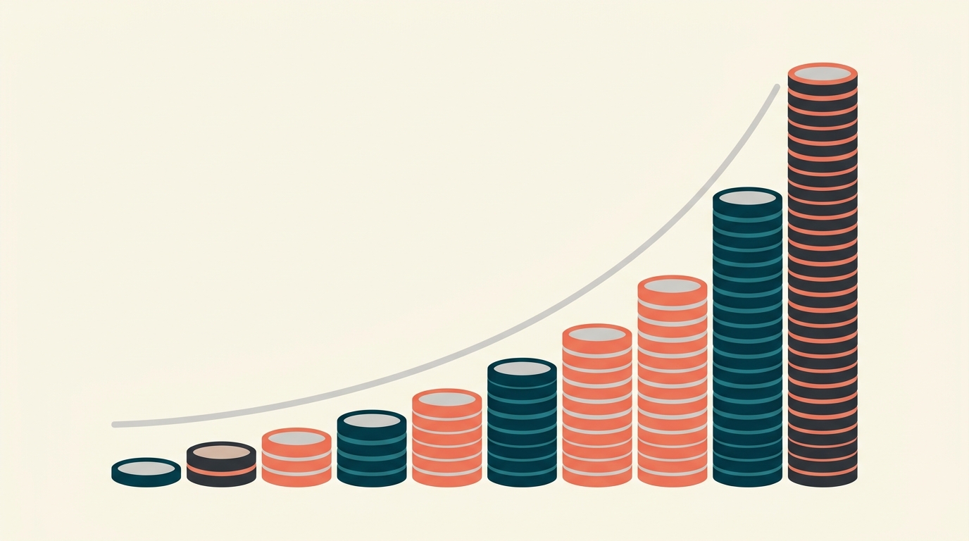 A staircase of stacked coins rising slowly then steeply along an exponential curve.