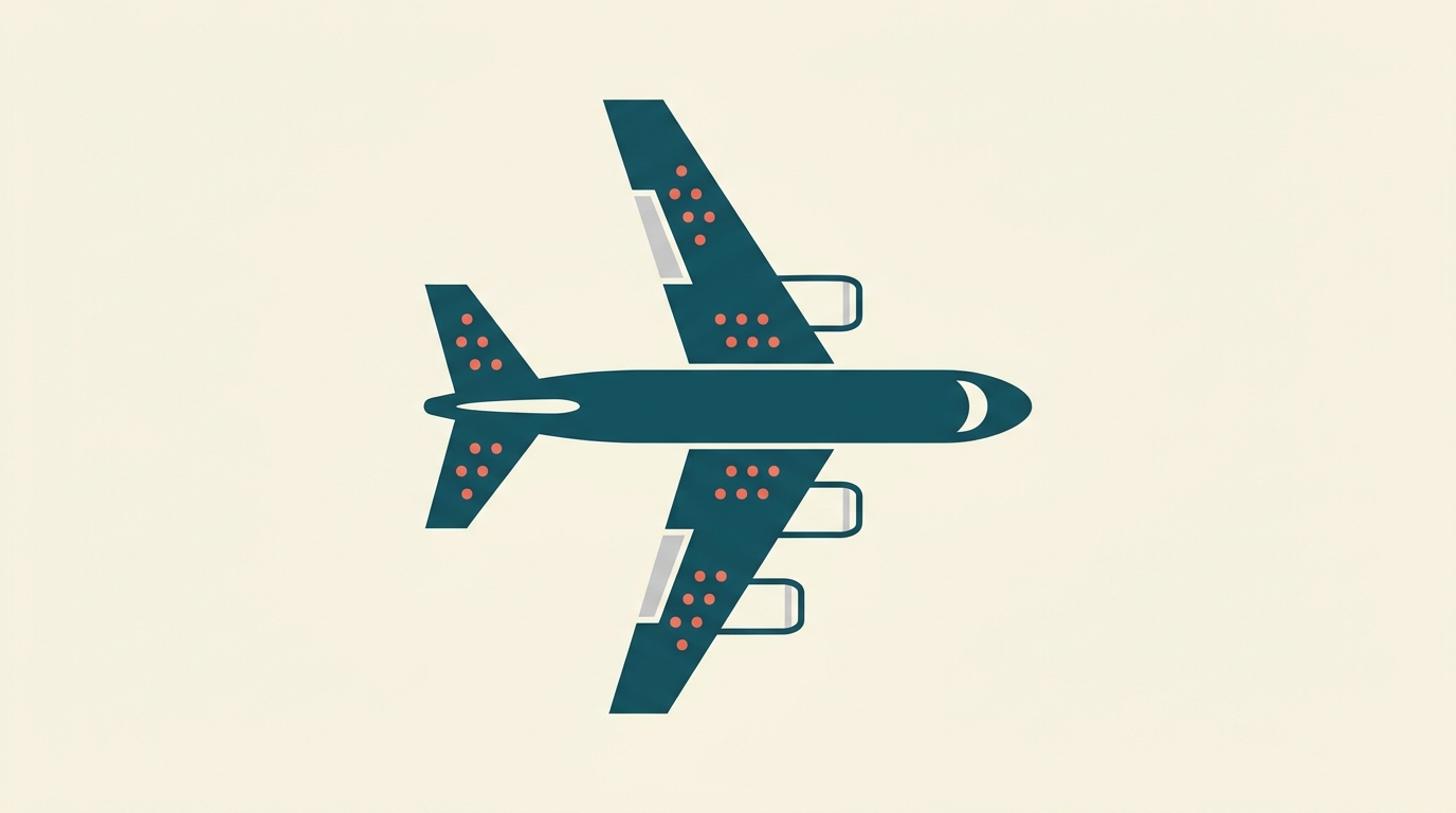 La silhouette d'un avion recouverte de points représentant des impacts de balles sur les ailes et la queue, les moteurs restant intacts.