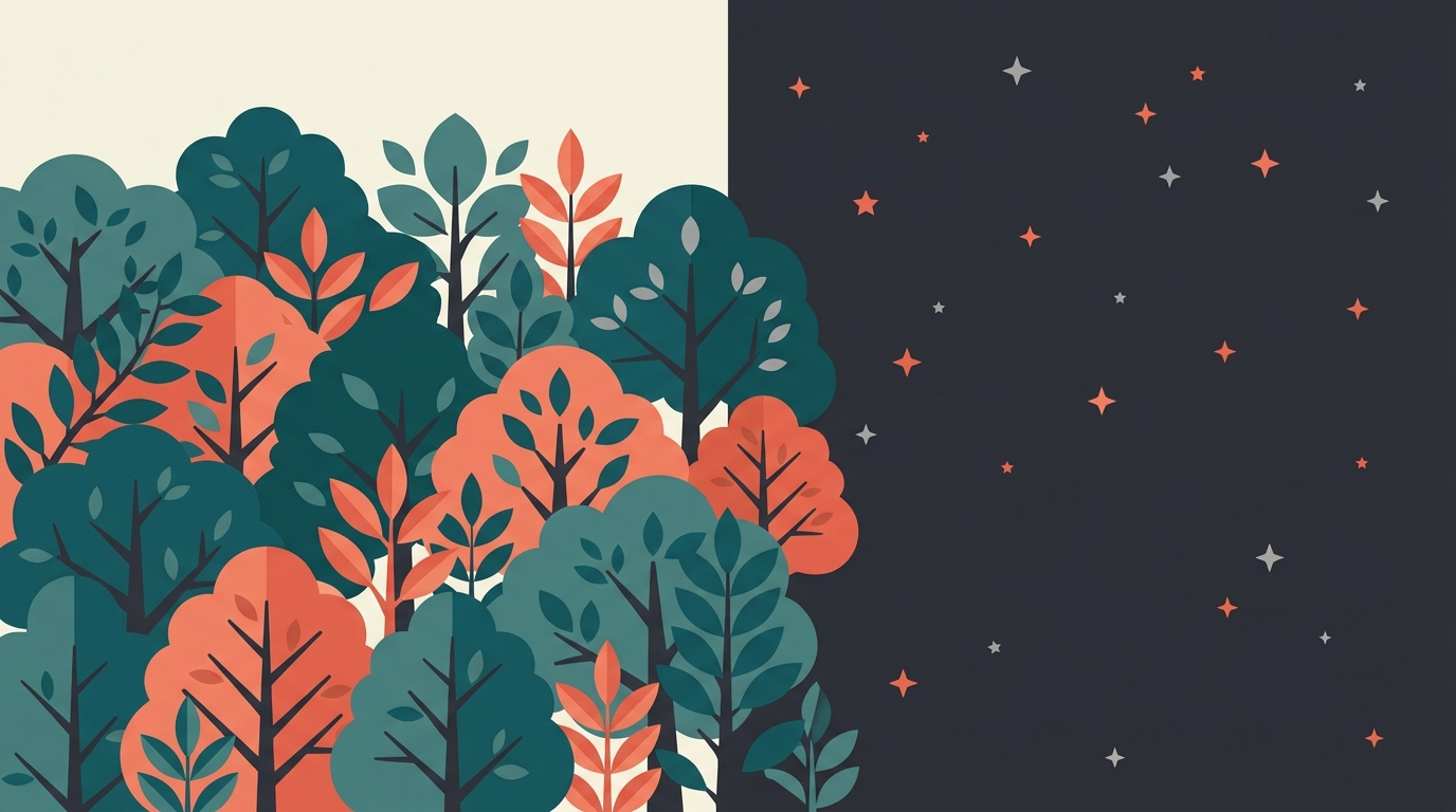 A dense forest canopy beside a sparser starfield, the trees clearly more numerous.