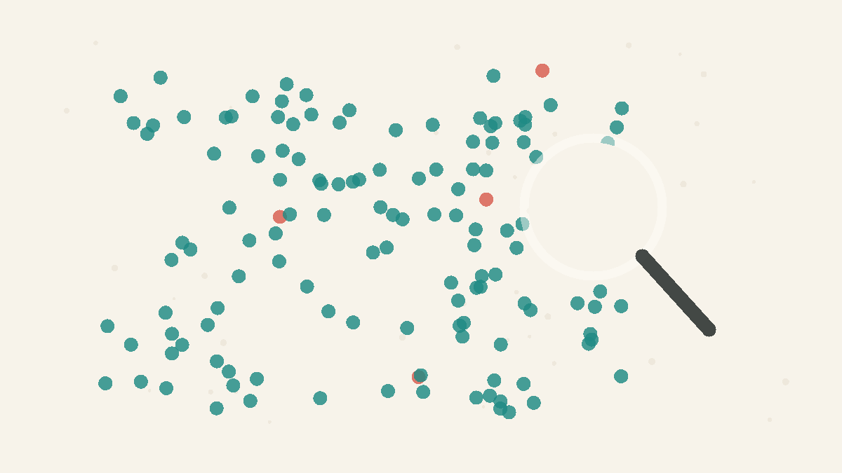 A huge field of common dots with only a few rare dots under a magnifier.